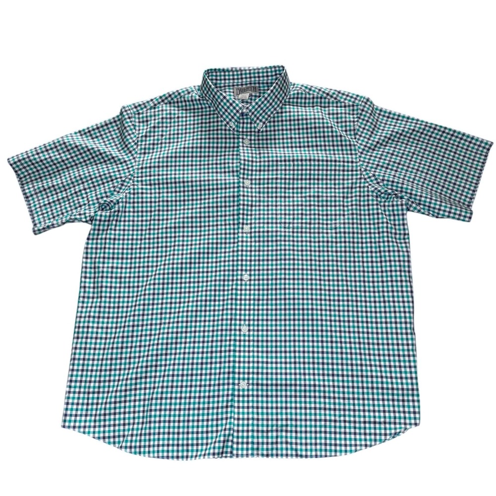 Duluth Trading Co Mens 2XL Gingham Button Down Shirt Green Navy Short Sleeve